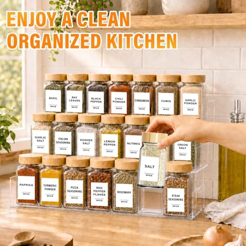 24 Pack 4 oz Square Glass Spice Jars with Labels, Airtight Bamboo Lids