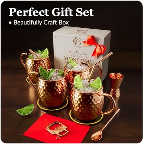 COPPER-BAR Moscow Mule Copper Mugs - Unique HANDCRAFTED Gift Set of 4