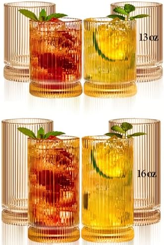 Amber Glassware Ribbed Drinking Glasses Set of 8, Vintage Glassware
