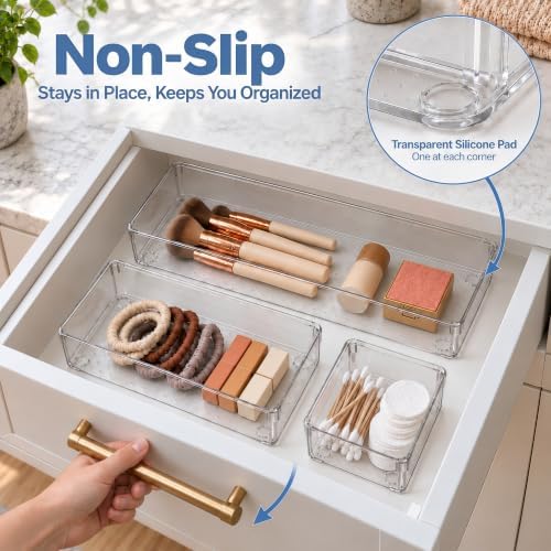 10 Pack Large Clear Drawer Organizer Trays, 3 Sizes, Non-Slip