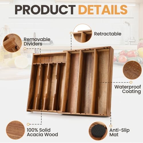 Acacia Wood Silverware Drawer Organizer, 21 Inch Adjustable Cutlery