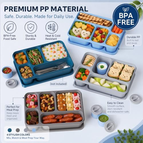 4 Packs Bento Snack Box Container for Adults with 4 Sauce Cups, Blue