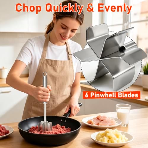 TRELC 304 Stainless Steel Meat Masher, 6 Blade Ground Beef Chopper