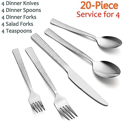 E-far 20-Piece Hammered Silverware Set, Stainless Steel Square