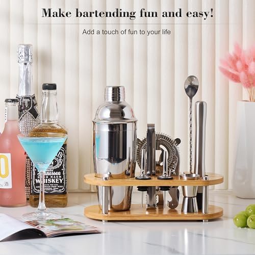 Wukuna Cocktail Shaker Bartender Kit, 11 Pcs Bar Tool Set with Bamboo