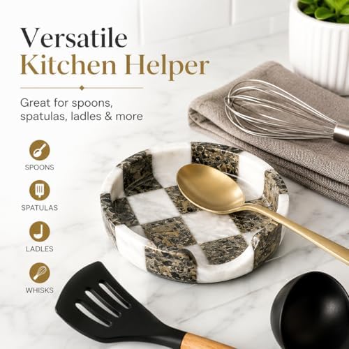 Marble Spoon Rest for Stove Top - Checkered Kitchen Utensil Holder