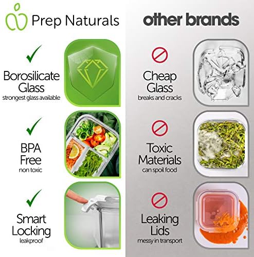 PrepNaturals 4 Pack 34oz Glass Meal Prep Containers - 3 Compartments