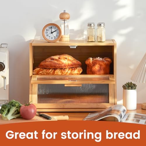GHWIE Double Layer Bamboo Bread Box for Kitchen Counter,Large Capacity Bread Storage Bin,Bread Container with Acrylic Wavy Door Panel (Natural, Medium)