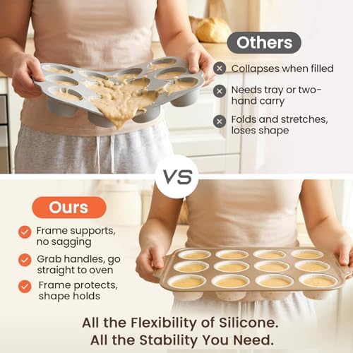 Silicone Muffin Pans for Baking with Metal Frame, 12-Cup Silicone