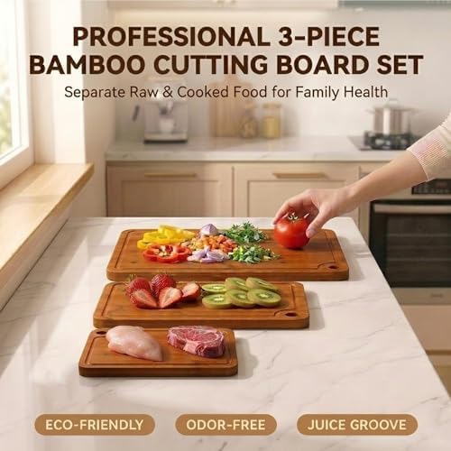 Deep-Carbonized Wood Cutting Board Set, HKKZYT 3 Pack Bamboo Chopping