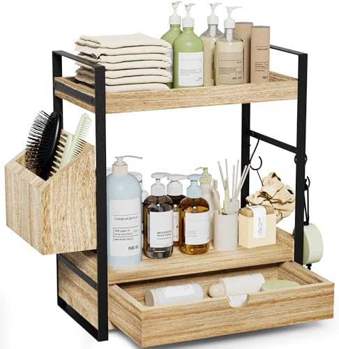 2-Tier Wooden Bathroom Counter Organizer with Drawer