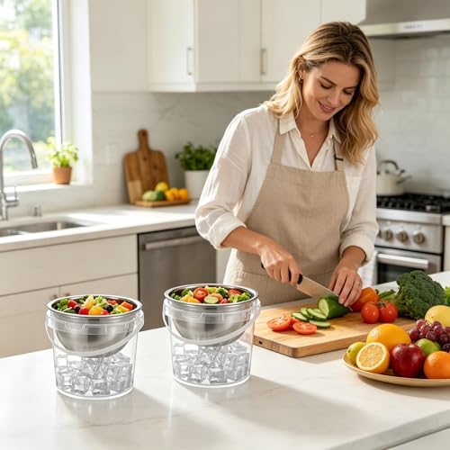 6 Pack 34 oz Chilled Dip Bowl and 68 oz Ice Bowl Base with Handle, Stainless Steel Ice Chilled Serving Dish Iced Salad Bowl Set for Chilled Pasta Salads Dips Potato Dressing BBQ Party Favor