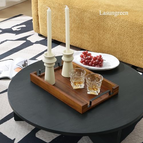 17" x 11" x 2" Acacia Wood Serving Tray with Black Iron Handle