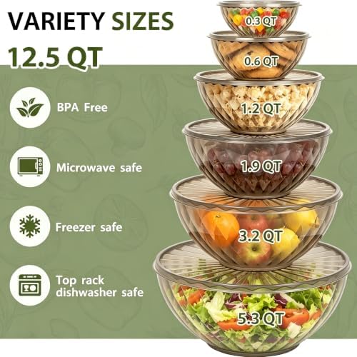 Plastic Mixing Bowls with Lids - 6 Piece Nesting Bowls Set with