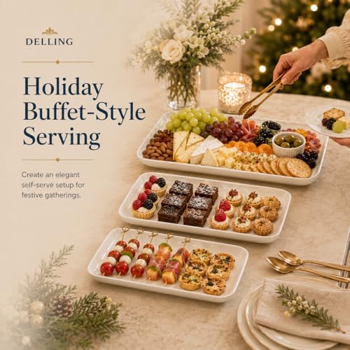DELLING Large Serving Platter Set of 3, 16/14/12 Inch Porcelain Serving Trays for Party - White Ceramic Rectangular Platters for Entertaining, Appetizer Fruit Tray for Gethering Shower Dinner