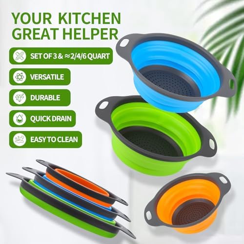 Tri-Color Silicone Collapsible Colander Set (3Pcs 2/4/6 QT) - Space