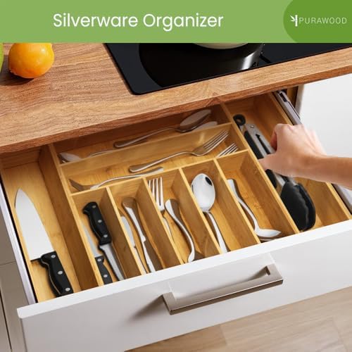 Purawood Expandable Bamboo Drawer Organizer 7-9 Slots, Natural