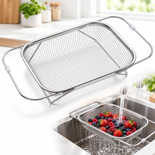Expandable Over Sink Colander, Stainless Steel Fine Mesh Strainer