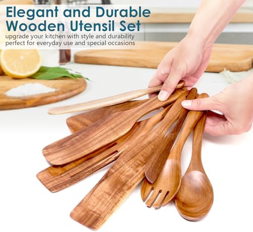 HOWHONG 8 Pcs Acacia Wood Spurtle Set, Nonstick Cooking Utensils