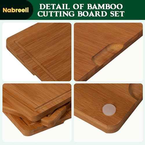 Bamboo Cutting Board Set of 3 with Stand, Carbonized Bamboo, Juice Groove
