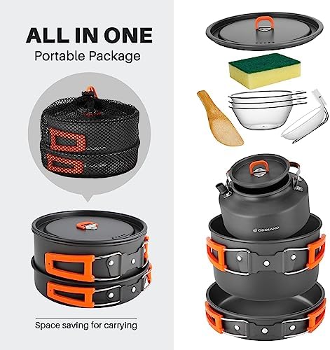 Odoland 10pcs Camping Cookware Camping Pots and Pans Set with Kettle