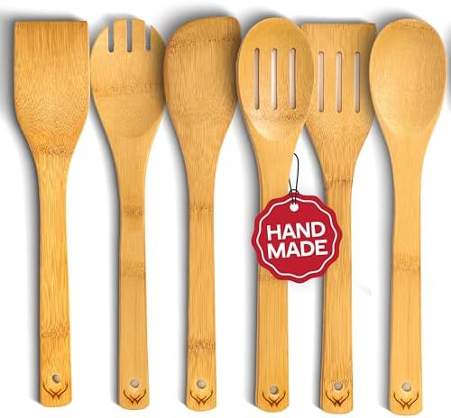 Prime Bamboo Wooden Spoons for Cooking Set of 6 Pcs – Wooden Cooking
