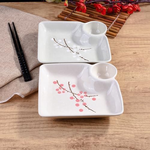 Porcelain Sushi Plate with Vinegar Dish Set of 2, 7'' Dumpling Plates
