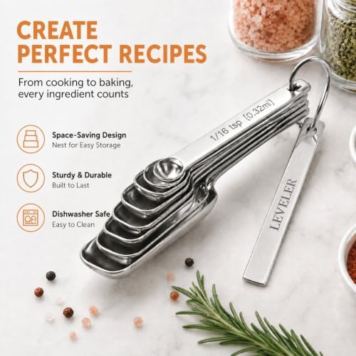 Stainless Steel Measuring Spoons Set of 14 with Leveler, Rectangular