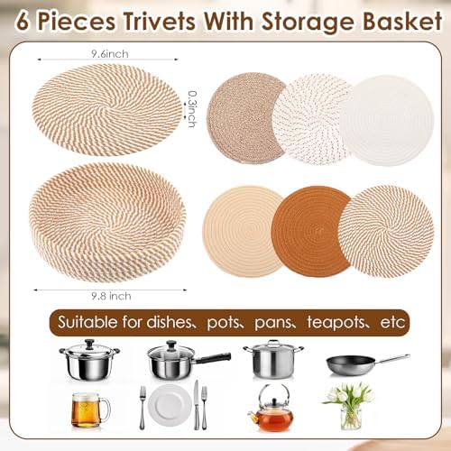 6 Pcs 9.6 Inch Trivets for Hot Dishes with with Storage Basket, Hot
