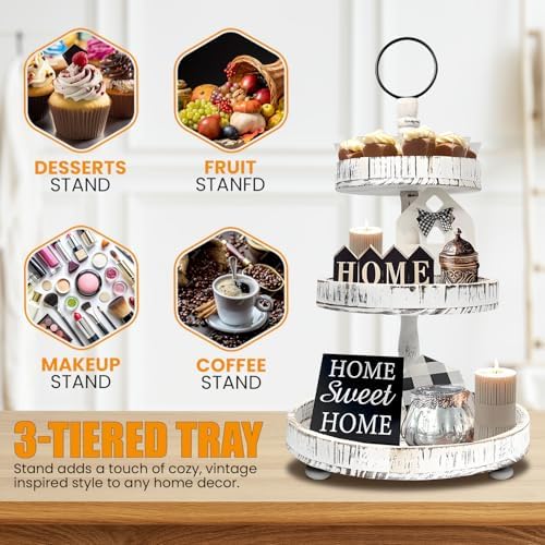 Adjustable 3 Tiered Tray Stand with Interchangeable Handles, White