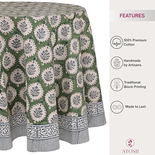 ATOSII Cotton Blockprint Round Tablecloth, Kari Green, 90 Inches