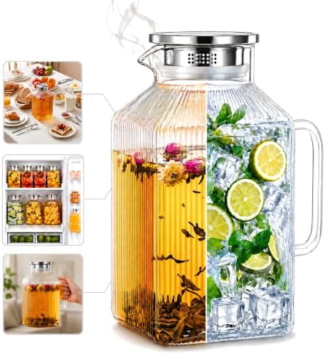 Glass Tea Pitcher, Lumirive 1 Gallon Square Fridge Jug with Strainer