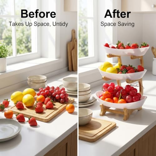 3 Tier Fruit Bowl for Counter, Plastic Serving Bowl With Bamboo Stand