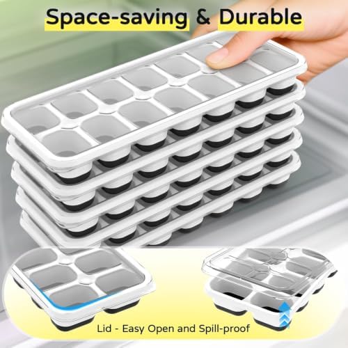 Ice Cube Tray 5 Pack, Stackable Silicone Ice Cube Trays with Lid, Easy