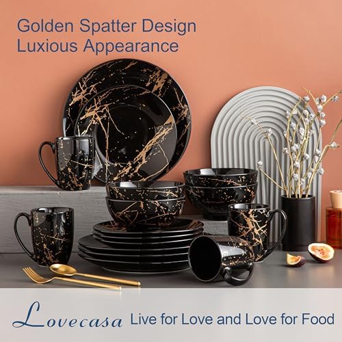 LOVECASA Black Plates and Bowls Sets for 4, Porcelain Dinnerware Sets