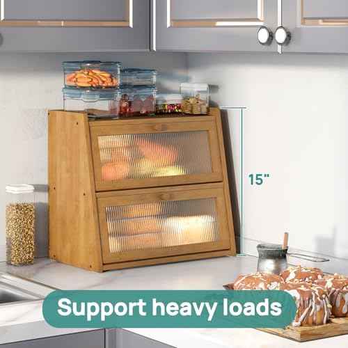 viewcare Extra Large Bread Box, Double Layer Bread Box for Kitchen Counter, Bamboo Wood Large Capacity Bread Storage Bin with Acrylic Wavy Door Panel