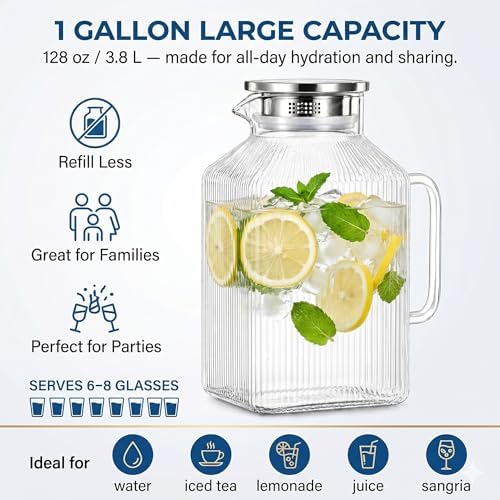Glass Tea Pitcher, Lumirive 1 Gallon Square Fridge Jug with Strainer