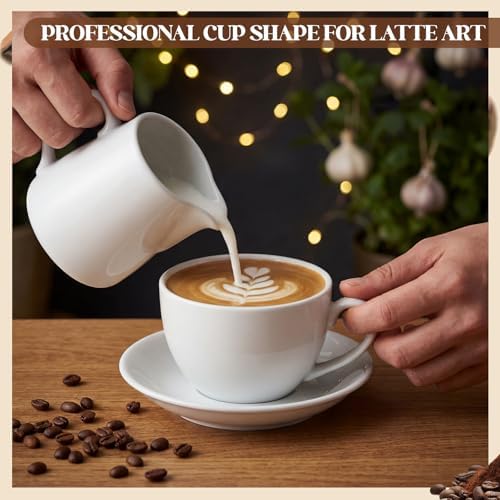 4 Set 16oz Cappuccino Cups with Saucers, Heavyweight Porcelain