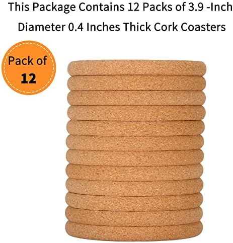 12 Pack 0.4" Ultra Thick Cork Coasters for Drinks 3.9" Diameter