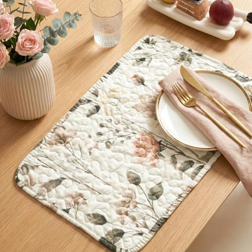 DaDalogy Quilted Placemats Set of 4 - Washable Floral Cloth Table Mats