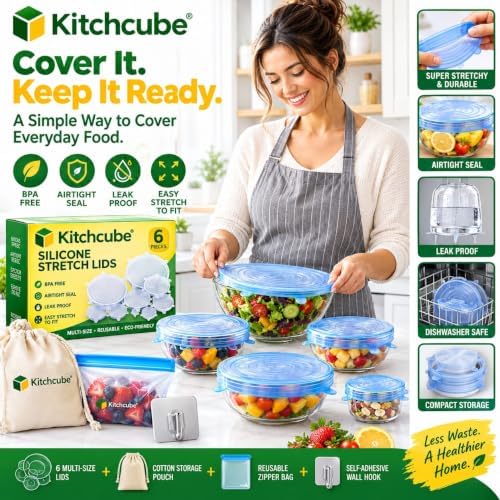 Silicone Food Storage Lids, Blue, Pack of 6