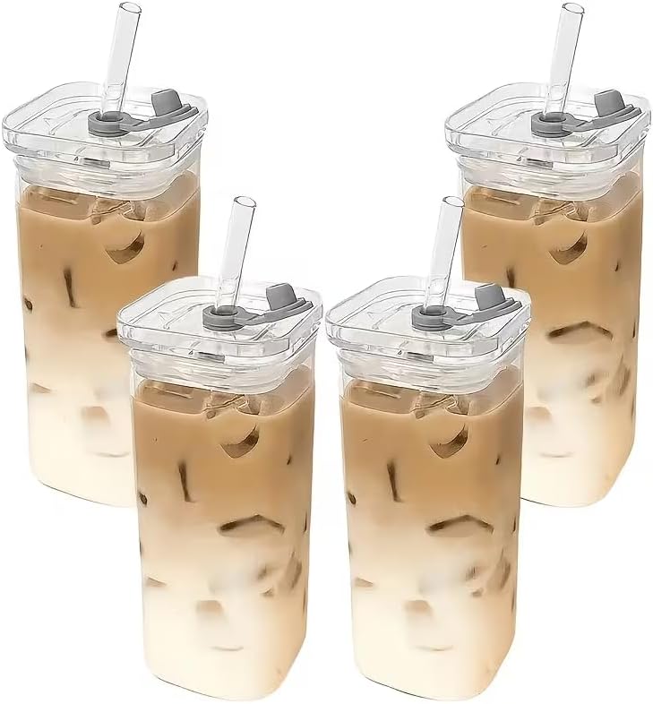 13oz Square Glass Cups with Lids and Straws, 4 Pcs Borosilicate Glass