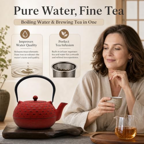YJX Cast Iron Teapot, 60.9 fl oz, Red