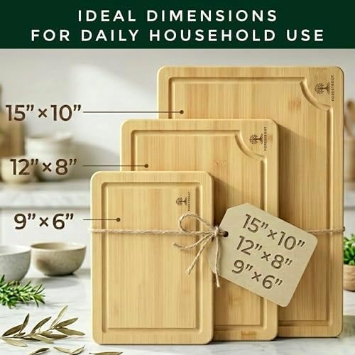Bamboo Cutting Board for Kitchen, 3-Piece Natural Bamboo Chopping