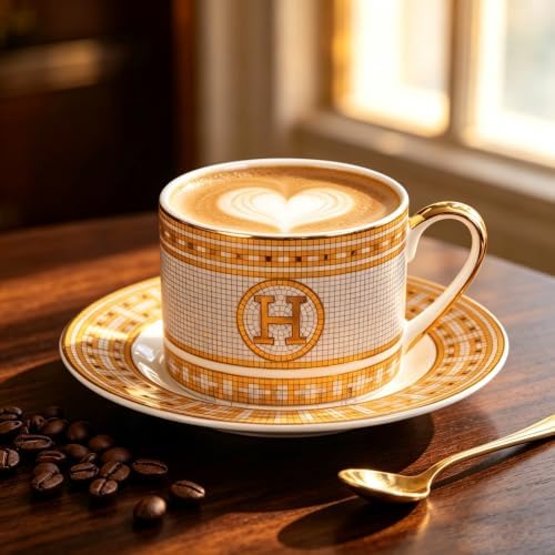 Gold Mosaic H Ceramic Coffee Cup & Saucer Set, 8 OZ Luxury European