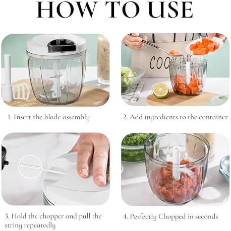 Pull‐String Manual Food Chopper with Sharp Blades, 900ml White