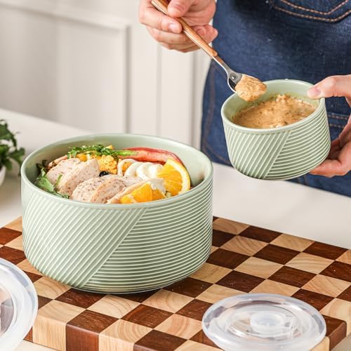 Ceramic Nesting Bowls with Lids, Set of 4, Green