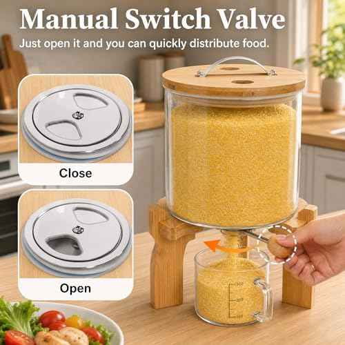 Goaste Glass Rice Dispenser with Bamboo Stand, 5L Flour Cereal Container with Airtight Lid, 8 Lbs Large Grain Food Storage Bucket, Countertop Beans Storage Tank with Measuring Cup & Valve for Dry Food