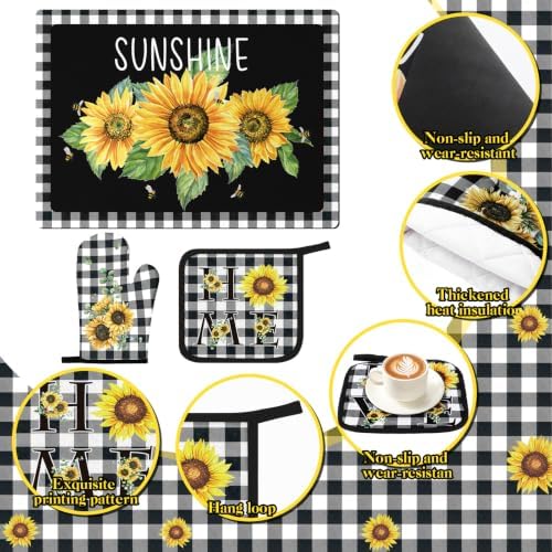 Fourluoo 7 Pcs Summer Sunflower Buffalo Plaid Kitchen Decor and