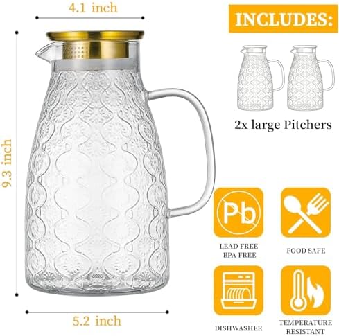 Buaic Glass Pitcher with Lid,2 PACK 68 oz/2 Liter Vintage Water